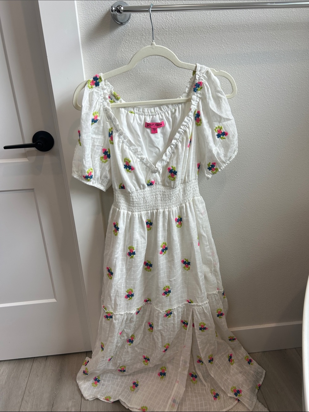 Betsey Johnson White Midi Dress with Multicolor Floral Embroidery